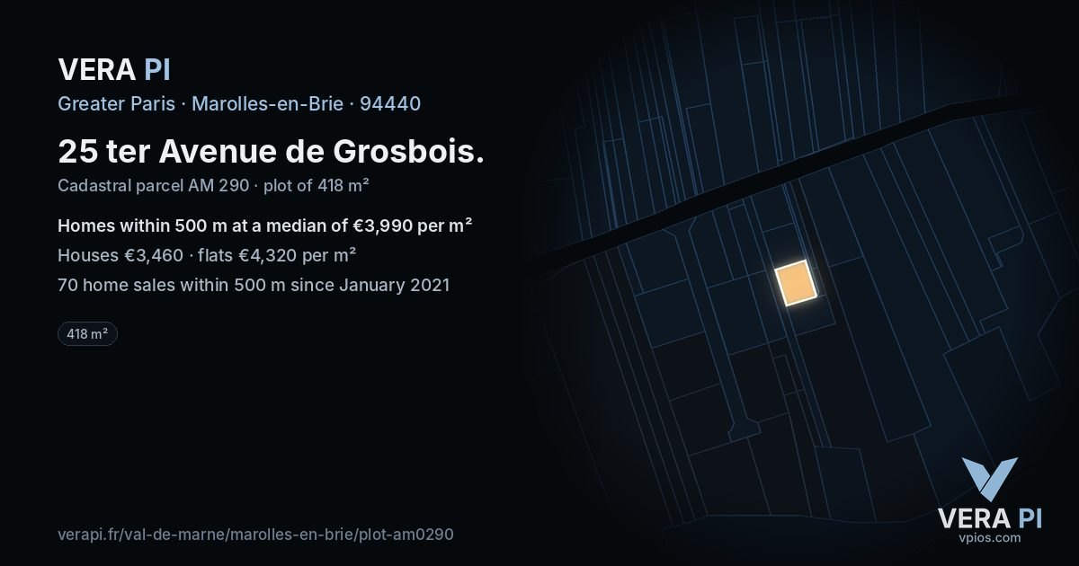 25 ter Avenue de Grosbois, Marolles-en-Brie at night – the plot lit, the parcels around coloured by the prices near them