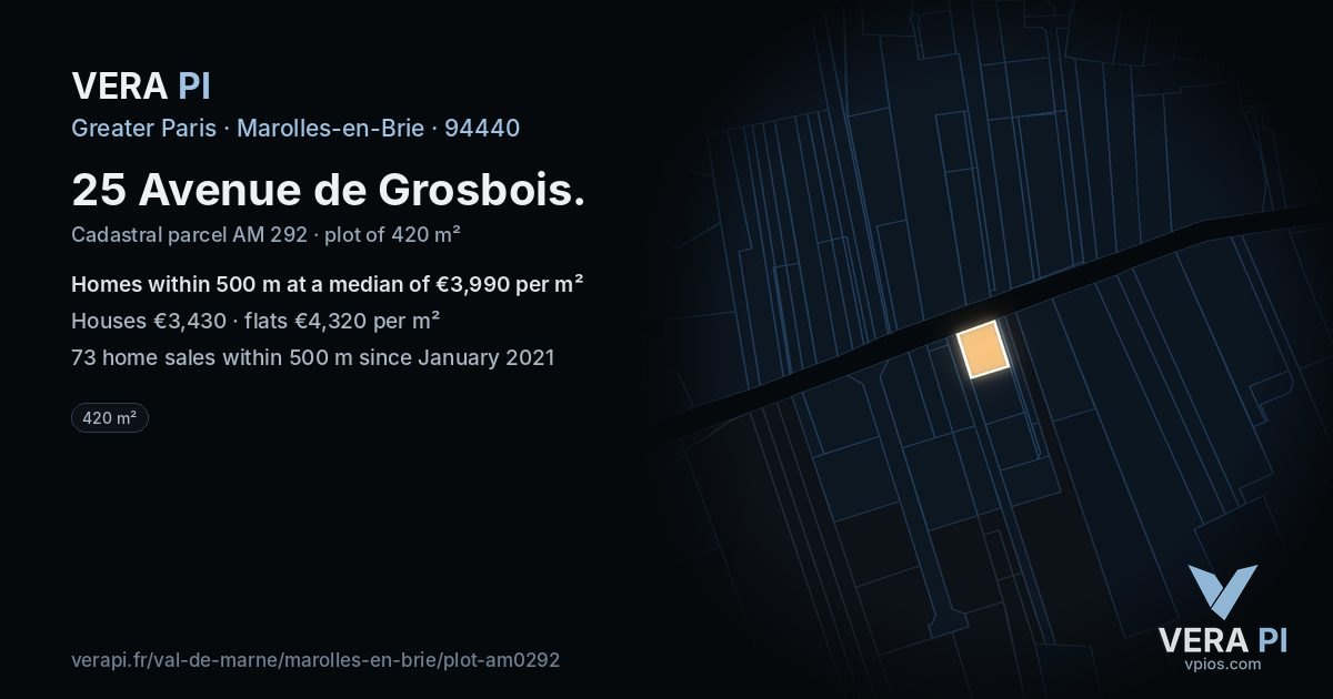 25 Avenue de Grosbois, Marolles-en-Brie at night – the plot lit, the parcels around coloured by the prices near them
