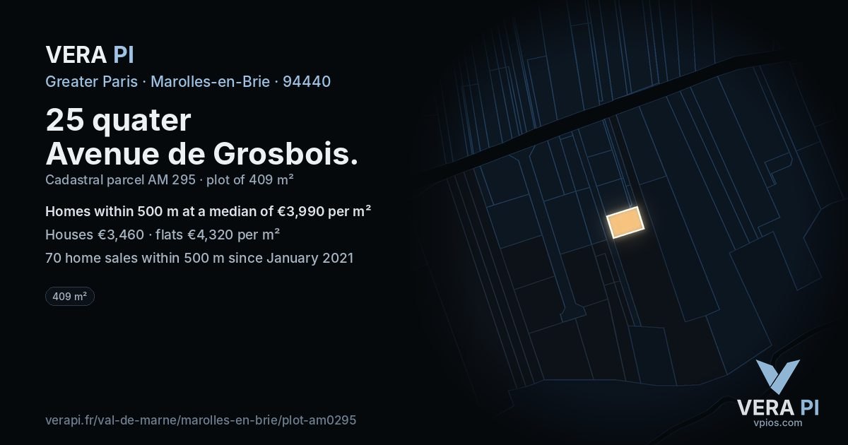 25 quater Avenue de Grosbois, Marolles-en-Brie at night – the plot lit, the parcels around coloured by the prices near them