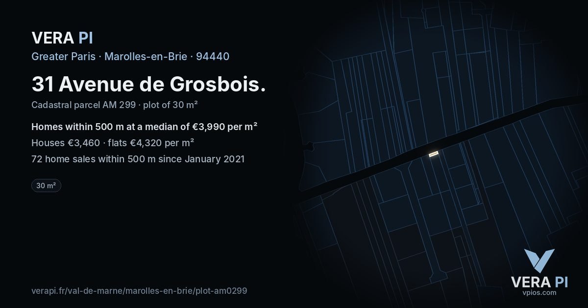 31 Avenue de Grosbois, Marolles-en-Brie at night – the plot lit, the parcels around coloured by the prices near them