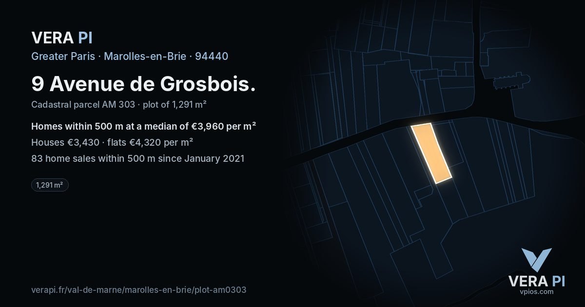 9 Avenue de Grosbois, Marolles-en-Brie at night – the plot lit, the parcels around coloured by the prices near them