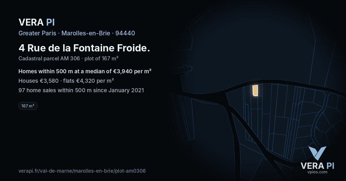 4 Rue de la Fontaine Froide, Marolles-en-Brie at night – the plot lit, the parcels around coloured by the prices near them