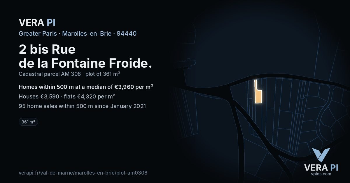 2 bis Rue de la Fontaine Froide, Marolles-en-Brie at night – the plot lit, the parcels around coloured by the prices near them