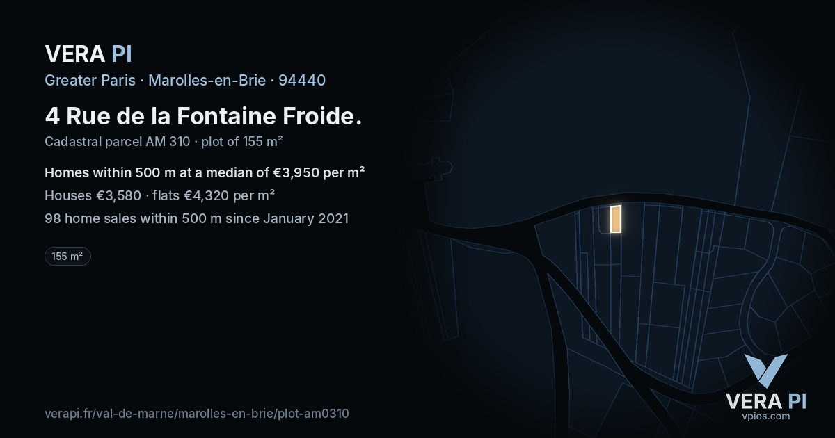 4 Rue de la Fontaine Froide, Marolles-en-Brie at night – the plot lit, the parcels around coloured by the prices near them
