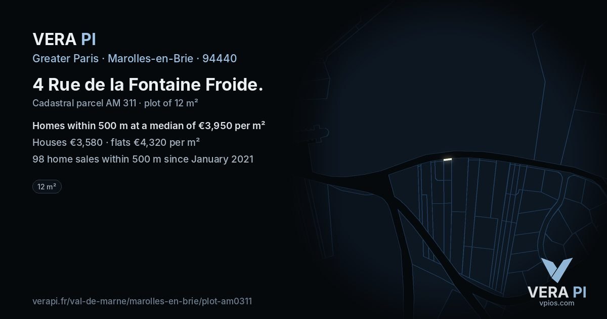 4 Rue de la Fontaine Froide, Marolles-en-Brie at night – the plot lit, the parcels around coloured by the prices near them