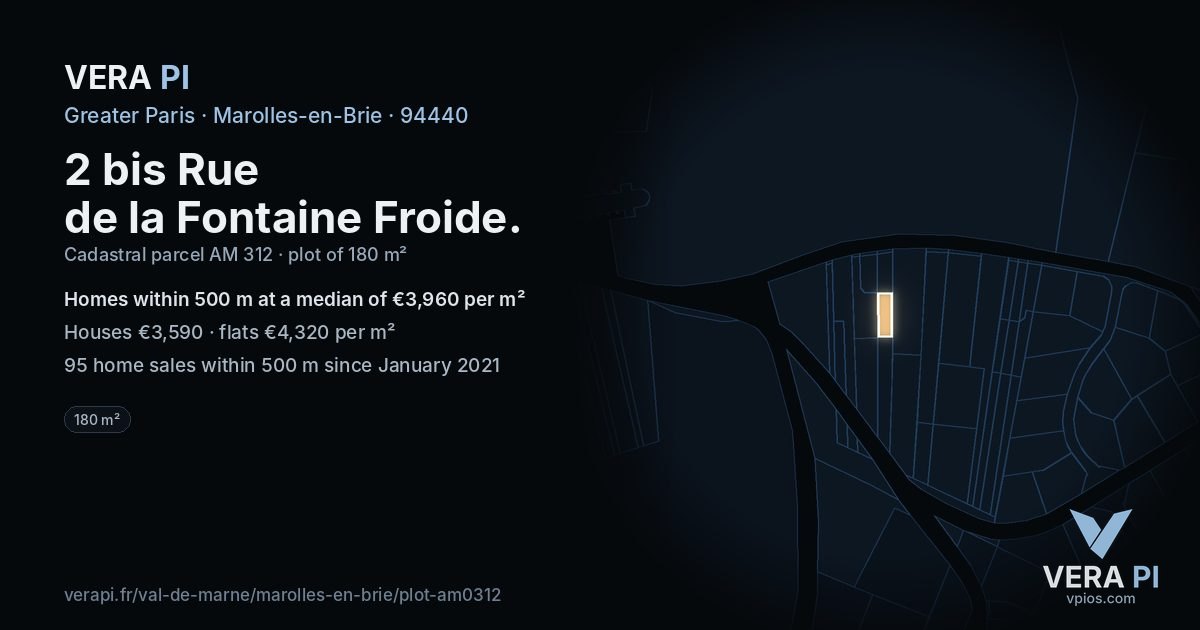 2 bis Rue de la Fontaine Froide, Marolles-en-Brie at night – the plot lit, the parcels around coloured by the prices near them