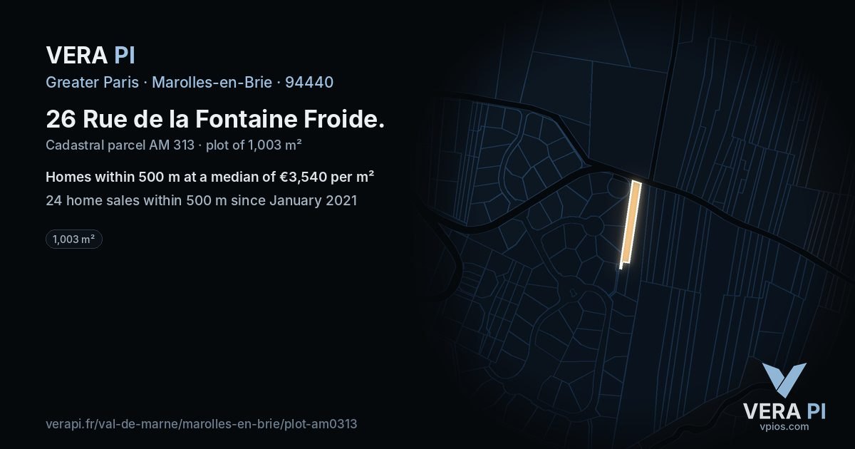 26 Rue de la Fontaine Froide, Marolles-en-Brie at night – the plot lit, the parcels around coloured by the prices near them