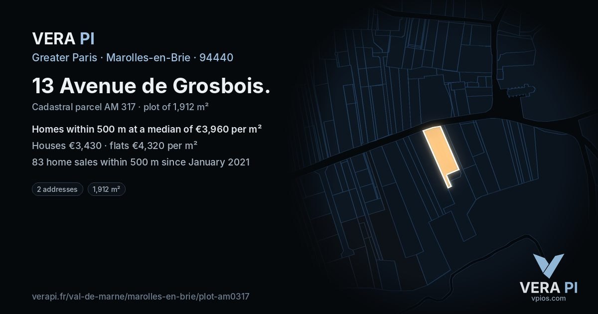 13 Avenue de Grosbois, Marolles-en-Brie at night – the plot lit, the parcels around coloured by the prices near them