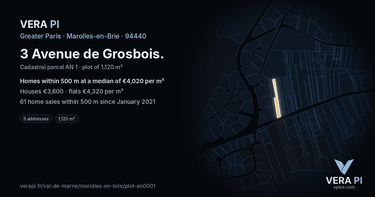 3 Avenue de Grosbois, Marolles-en-Brie at night – the plot lit, the parcels around coloured by the prices near them