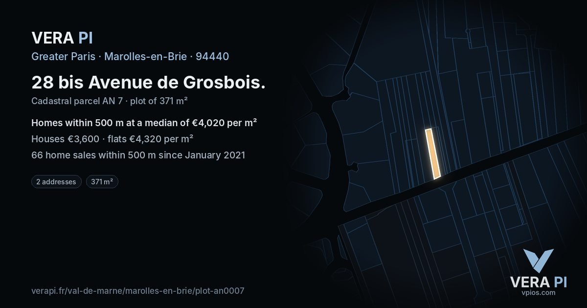 28 bis Avenue de Grosbois, Marolles-en-Brie at night – the plot lit, the parcels around coloured by the prices near them