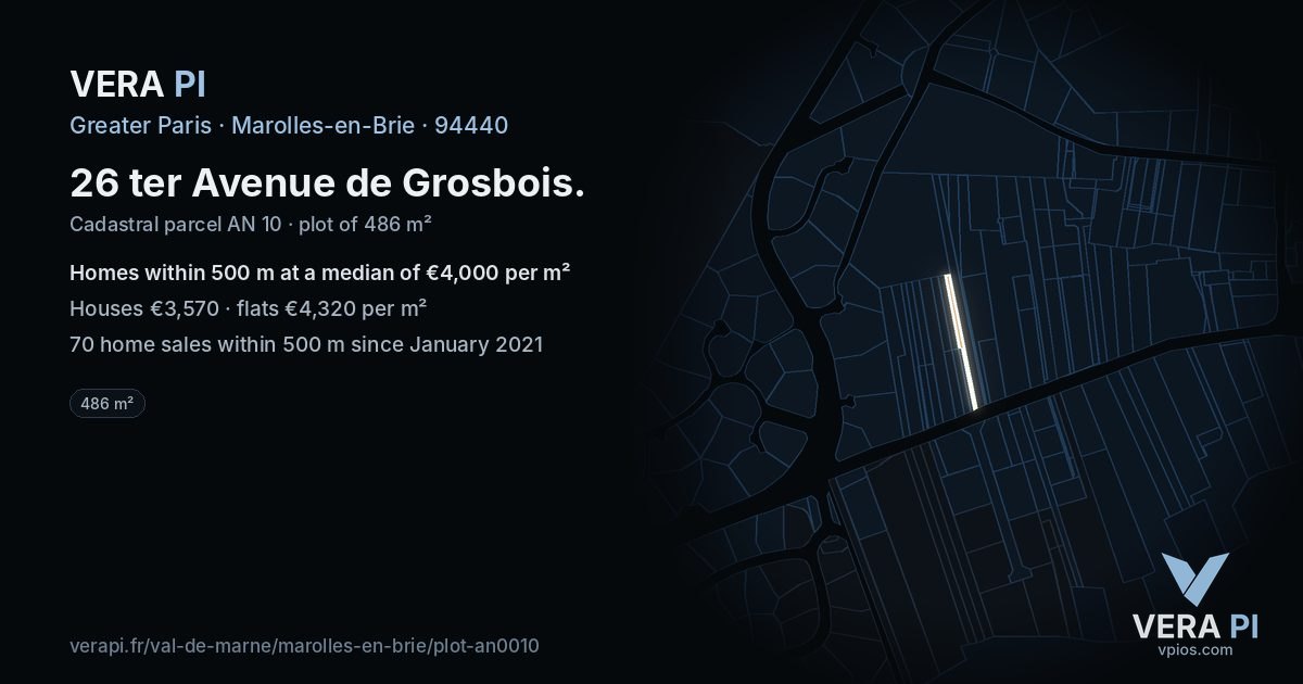 26 ter Avenue de Grosbois, Marolles-en-Brie at night – the plot lit, the parcels around coloured by the prices near them
