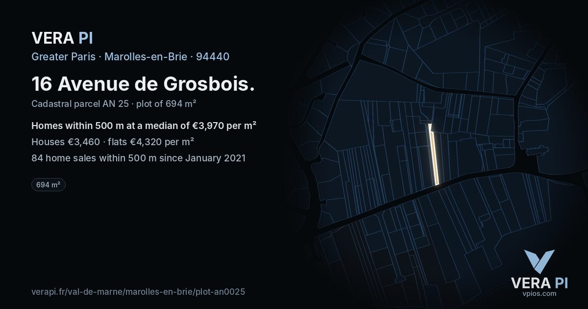 16 Avenue de Grosbois, Marolles-en-Brie at night – the plot lit, the parcels around coloured by the prices near them