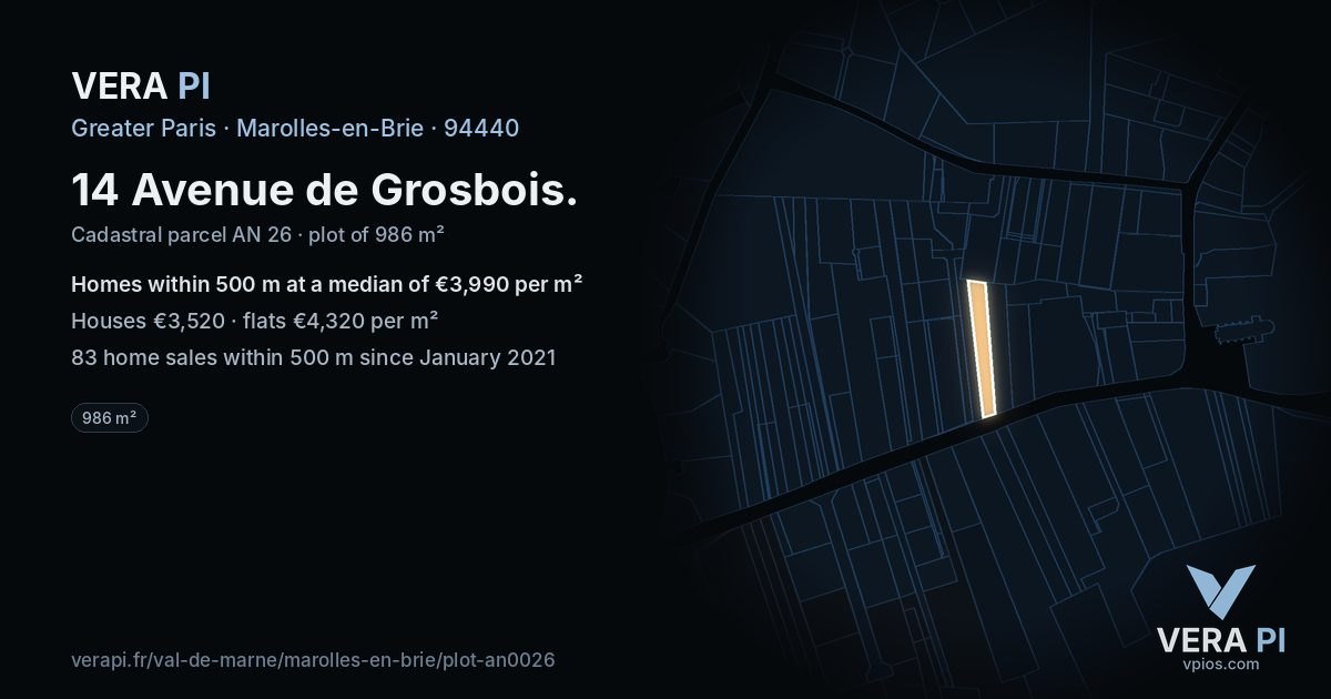 14 Avenue de Grosbois, Marolles-en-Brie at night – the plot lit, the parcels around coloured by the prices near them