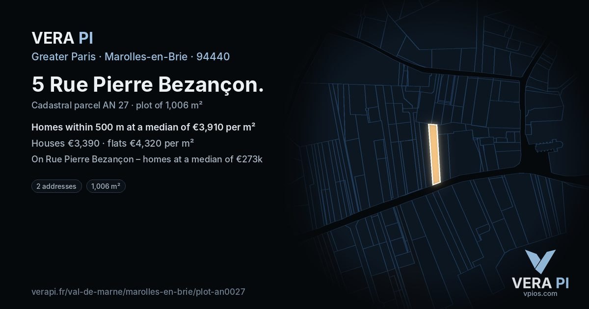 5 Rue Pierre Bezançon, Marolles-en-Brie at night – the plot lit, the parcels around coloured by the prices near them