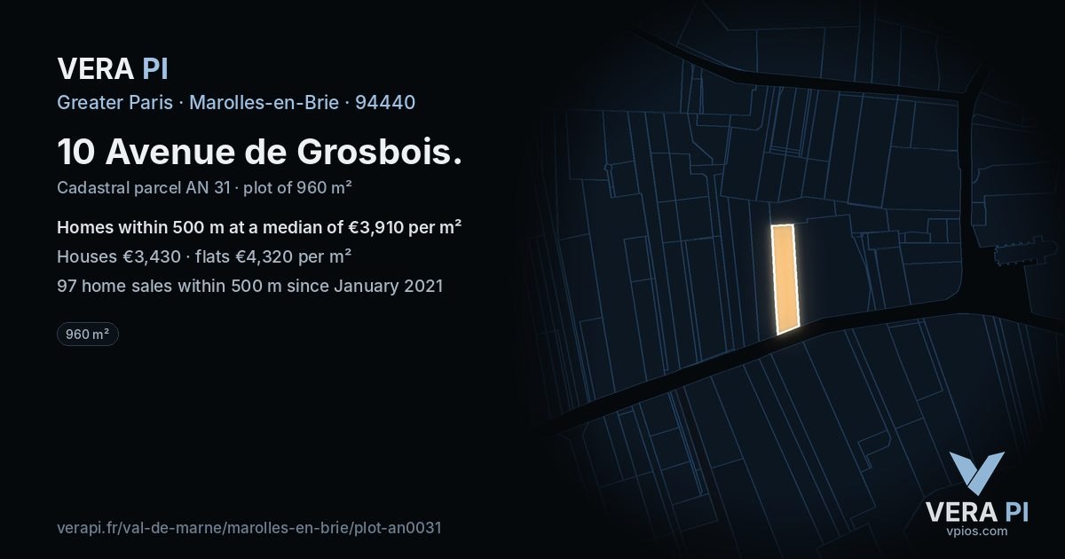 10 Avenue de Grosbois, Marolles-en-Brie at night – the plot lit, the parcels around coloured by the prices near them