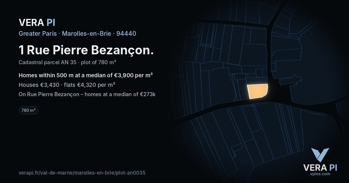 1 Rue Pierre Bezançon, Marolles-en-Brie at night – the plot lit, the parcels around coloured by the prices near them
