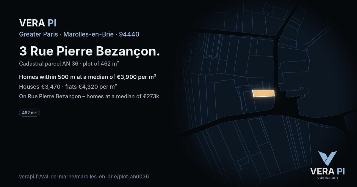 3 Rue Pierre Bezançon, Marolles-en-Brie at night – the plot lit, the parcels around coloured by the prices near them