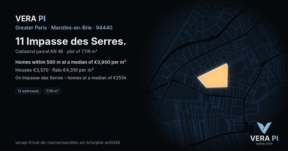 11 Impasse des Serres, Marolles-en-Brie at night – the plot lit, the parcels around coloured by the prices near them