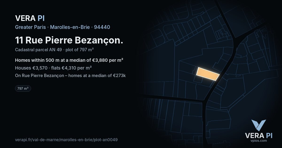 11 Rue Pierre Bezançon, Marolles-en-Brie at night – the plot lit, the parcels around coloured by the prices near them