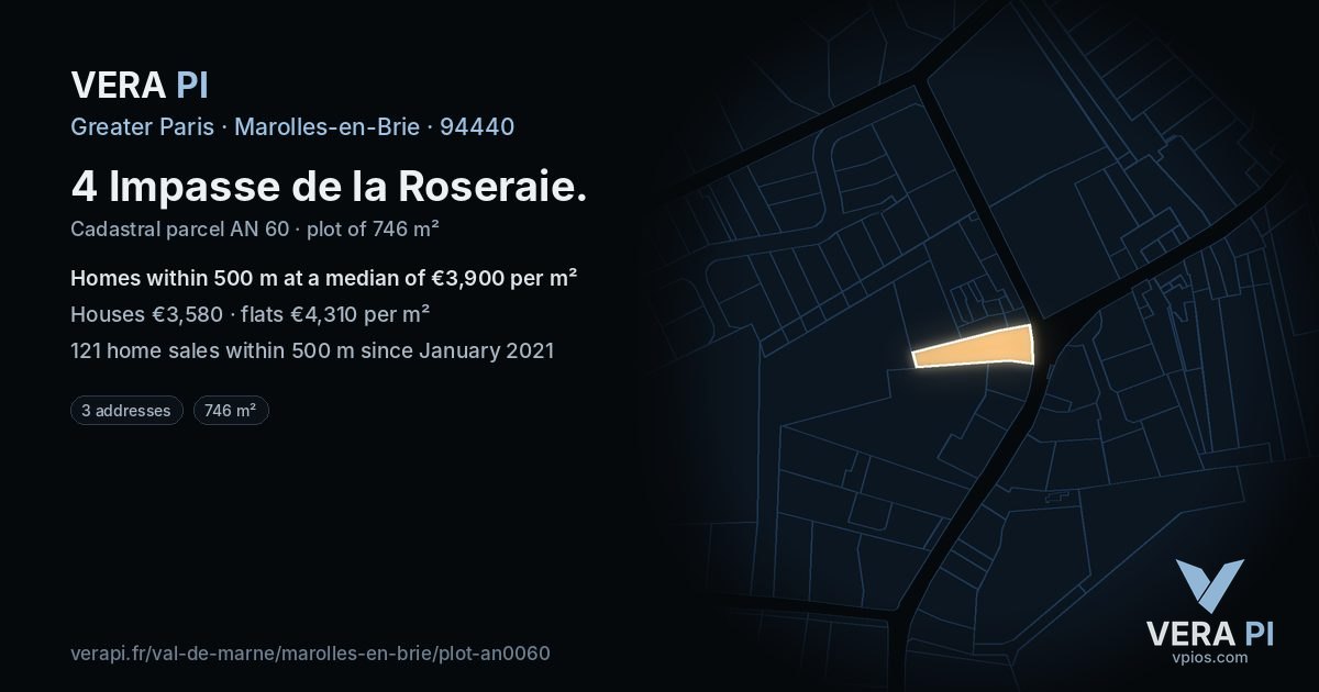 4 Impasse de la Roseraie, Marolles-en-Brie at night – the plot lit, the parcels around coloured by the prices near them