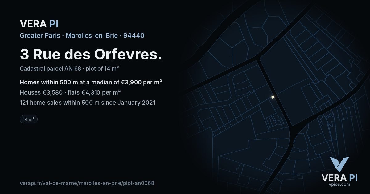 3 Rue des Orfevres, Marolles-en-Brie at night – the plot lit, the parcels around coloured by the prices near them