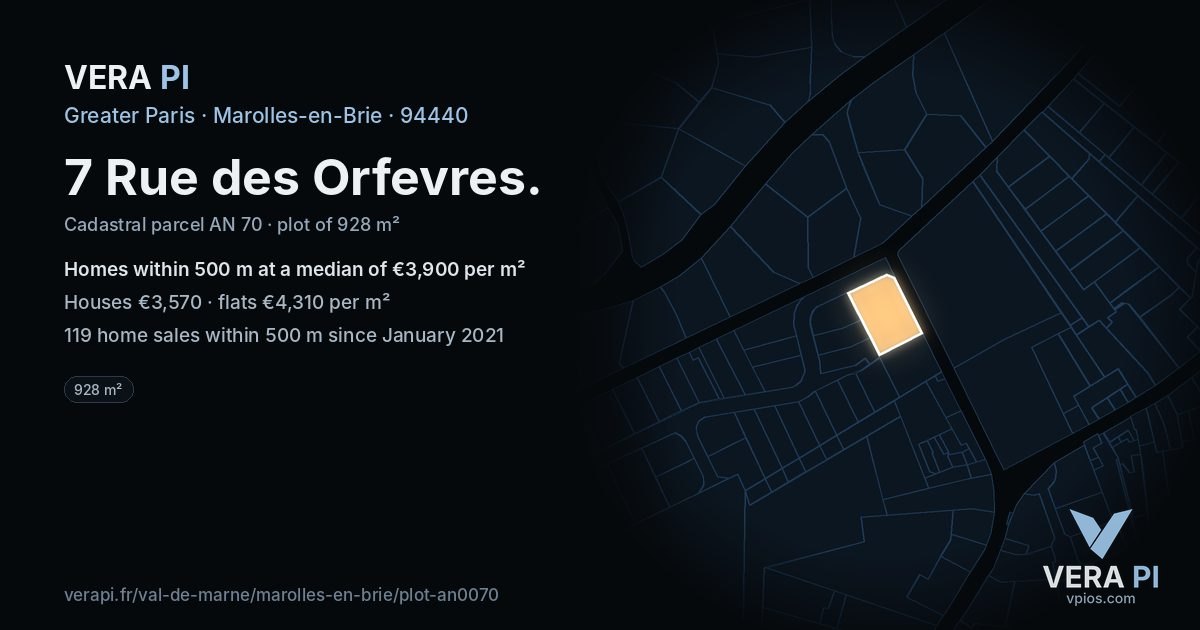 7 Rue des Orfevres, Marolles-en-Brie at night – the plot lit, the parcels around coloured by the prices near them