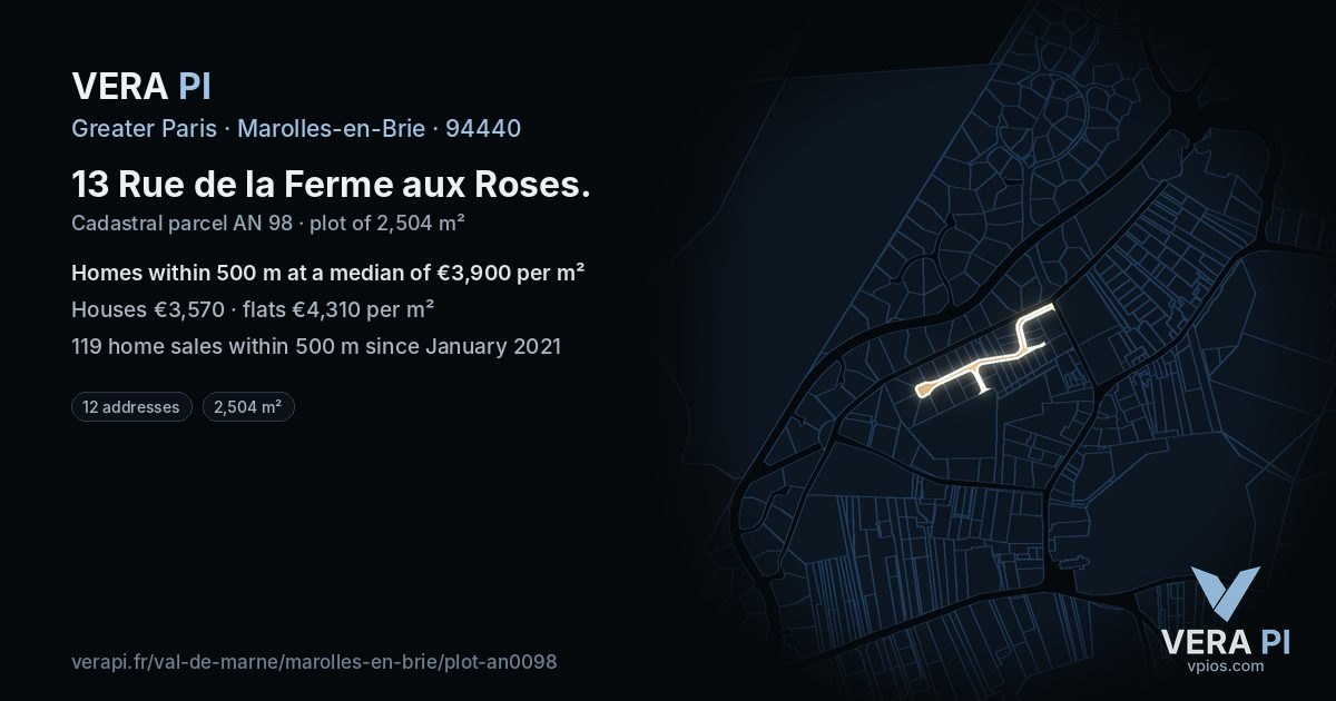 13 Rue de la Ferme aux Roses, Marolles-en-Brie at night – the plot lit, the parcels around coloured by the prices near them