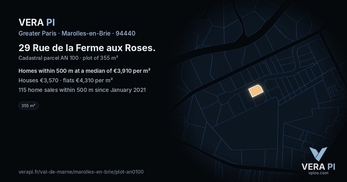 29 Rue de la Ferme aux Roses, Marolles-en-Brie at night – the plot lit, the parcels around coloured by the prices near them