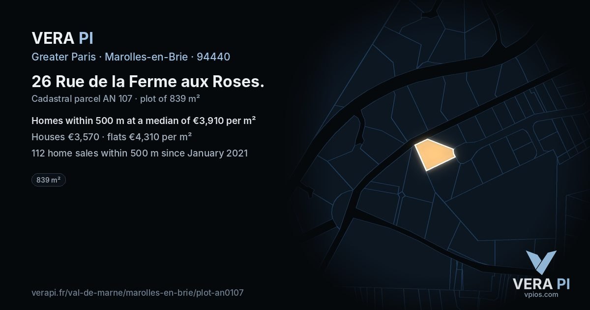 26 Rue de la Ferme aux Roses, Marolles-en-Brie at night – the plot lit, the parcels around coloured by the prices near them