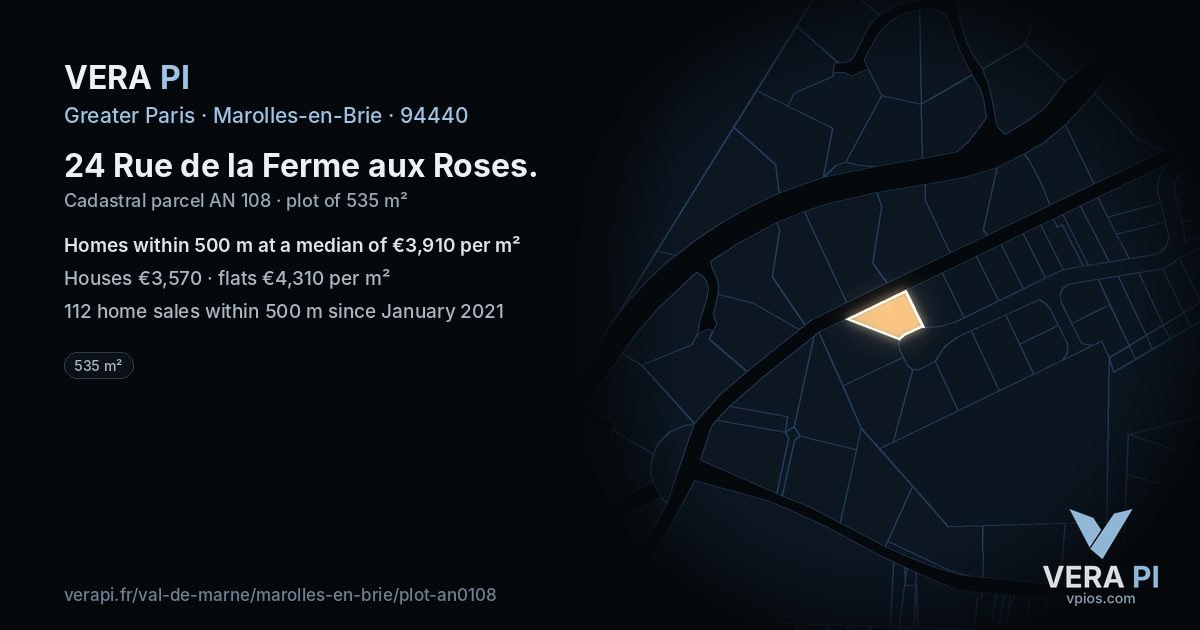 24 Rue de la Ferme aux Roses, Marolles-en-Brie at night – the plot lit, the parcels around coloured by the prices near them