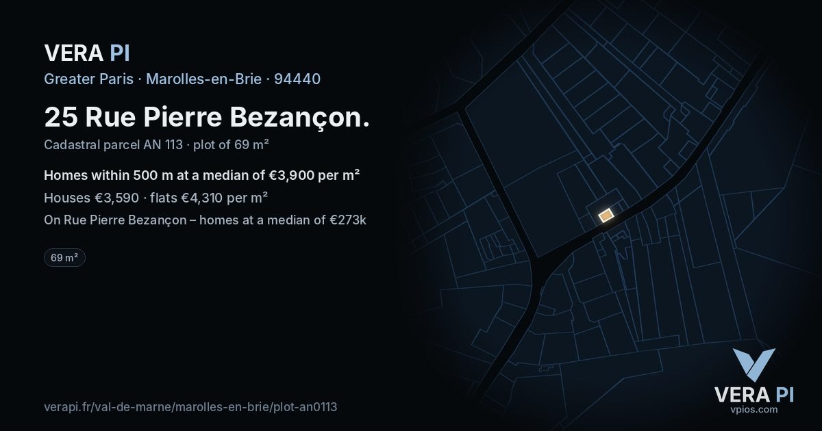 25 Rue Pierre Bezançon, Marolles-en-Brie at night – the plot lit, the parcels around coloured by the prices near them