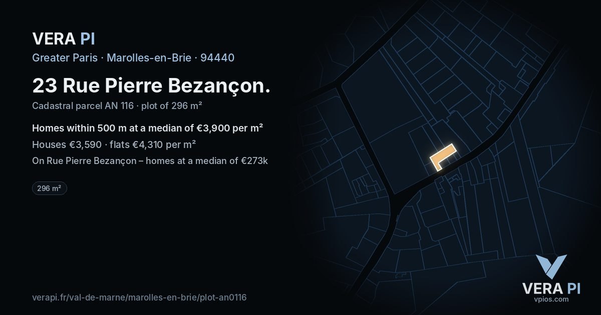 23 Rue Pierre Bezançon, Marolles-en-Brie at night – the plot lit, the parcels around coloured by the prices near them