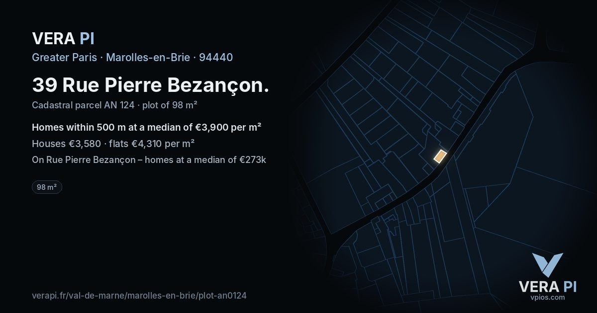 39 Rue Pierre Bezançon, Marolles-en-Brie at night – the plot lit, the parcels around coloured by the prices near them