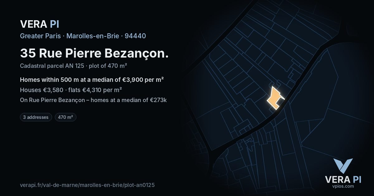 35 Rue Pierre Bezançon, Marolles-en-Brie at night – the plot lit, the parcels around coloured by the prices near them