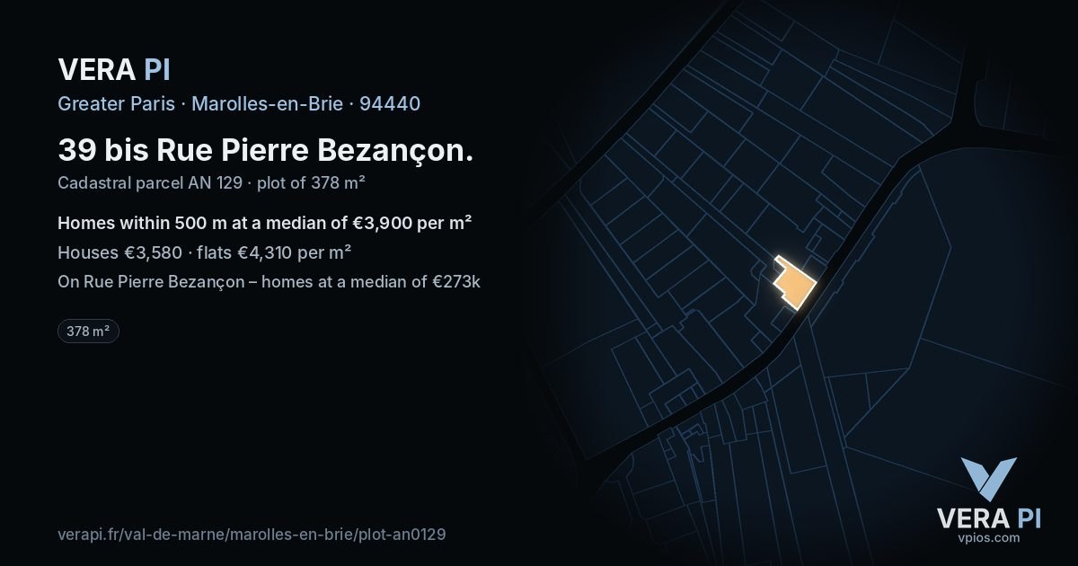 39 bis Rue Pierre Bezançon, Marolles-en-Brie at night – the plot lit, the parcels around coloured by the prices near them