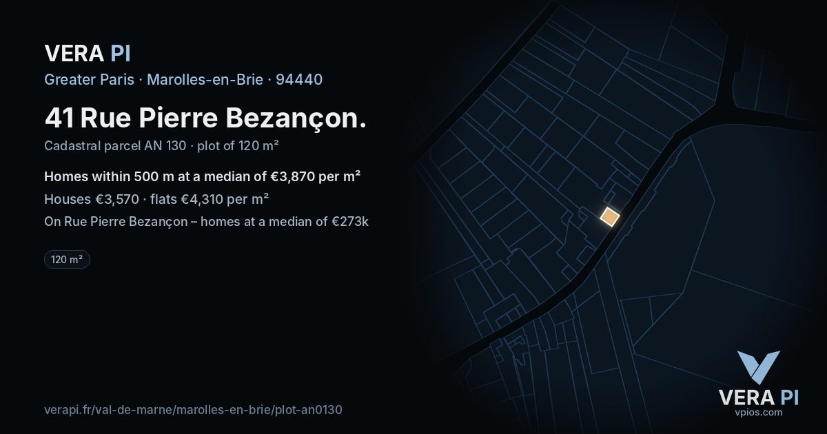 41 Rue Pierre Bezançon, Marolles-en-Brie at night – the plot lit, the parcels around coloured by the prices near them
