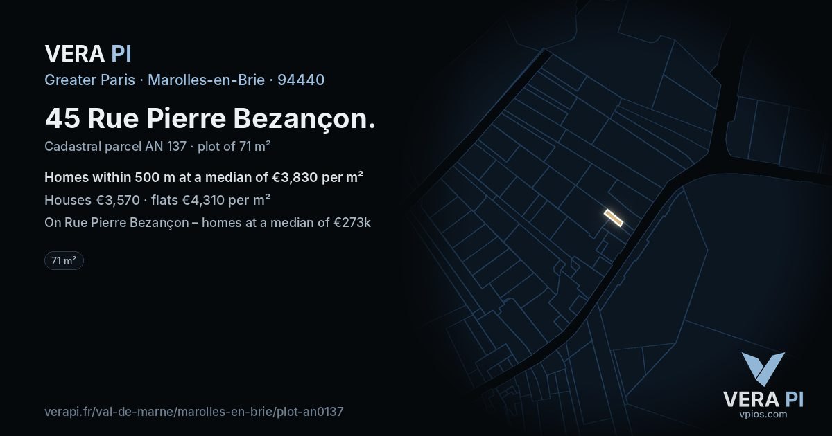 45 Rue Pierre Bezançon, Marolles-en-Brie at night – the plot lit, the parcels around coloured by the prices near them
