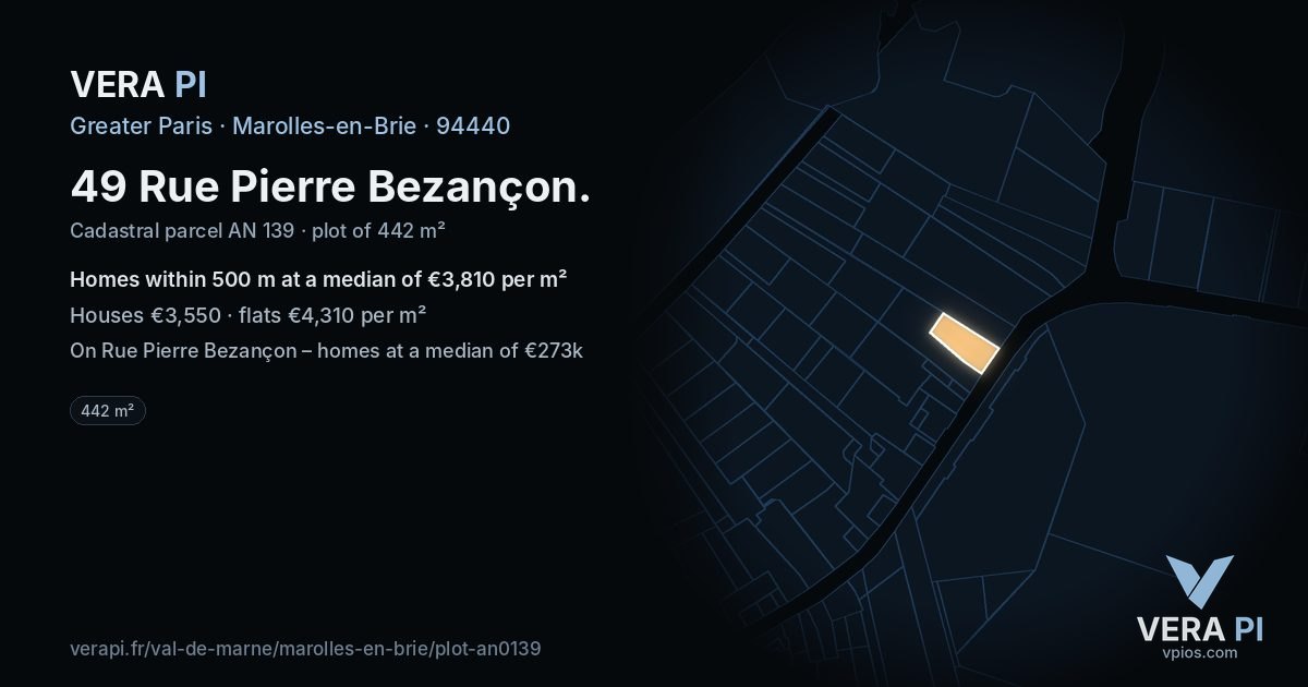 49 Rue Pierre Bezançon, Marolles-en-Brie at night – the plot lit, the parcels around coloured by the prices near them