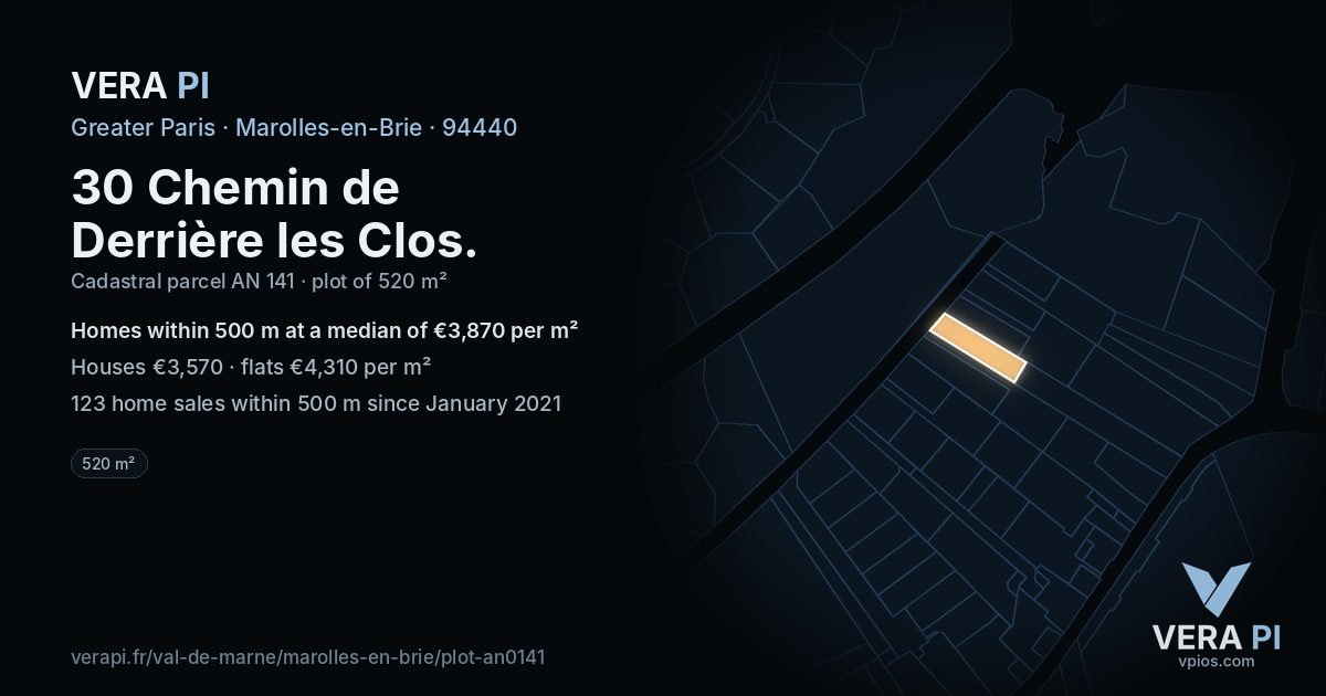 30 Chemin de Derrière les Clos, Marolles-en-Brie at night – the plot lit, the parcels around coloured by the prices near them