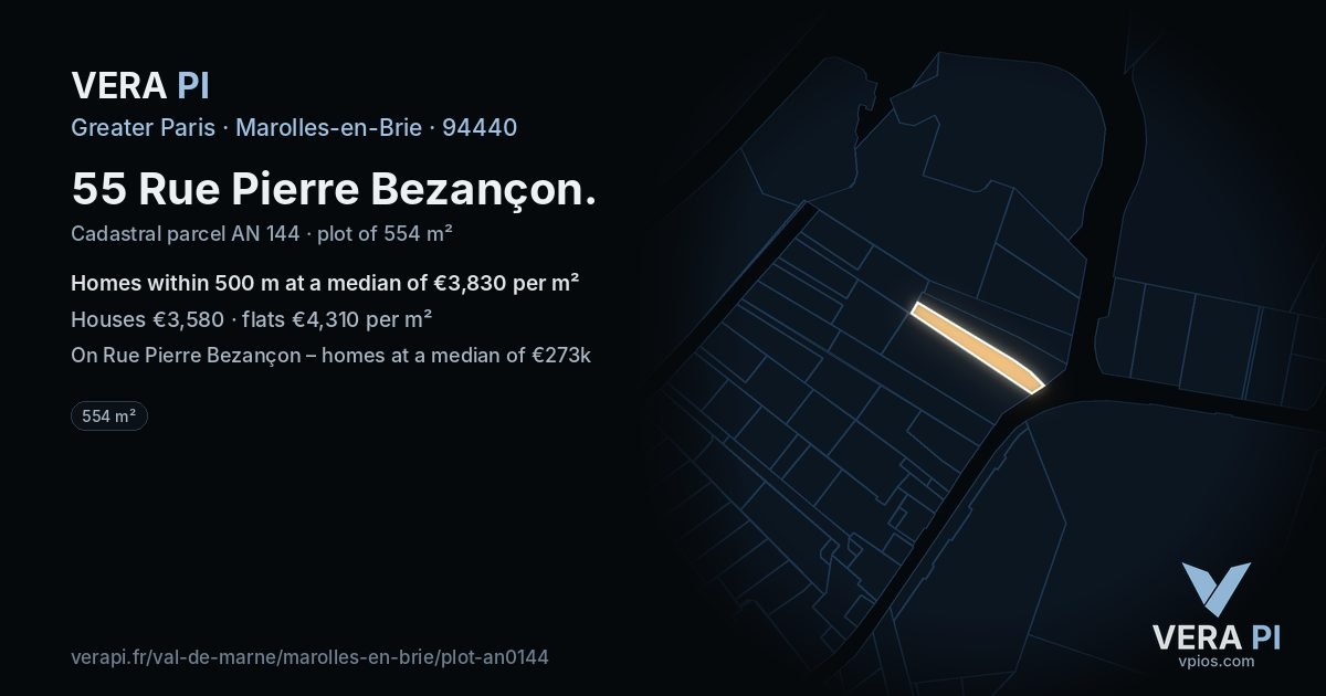 55 Rue Pierre Bezançon, Marolles-en-Brie at night – the plot lit, the parcels around coloured by the prices near them