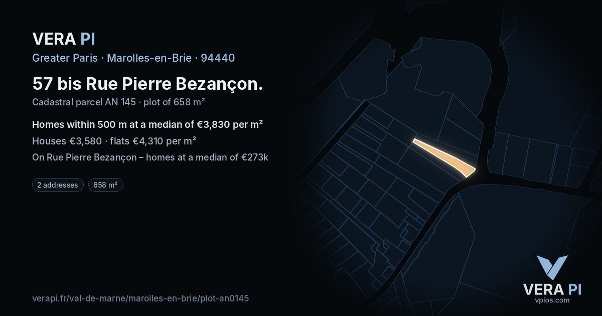 57 bis Rue Pierre Bezançon, Marolles-en-Brie at night – the plot lit, the parcels around coloured by the prices near them