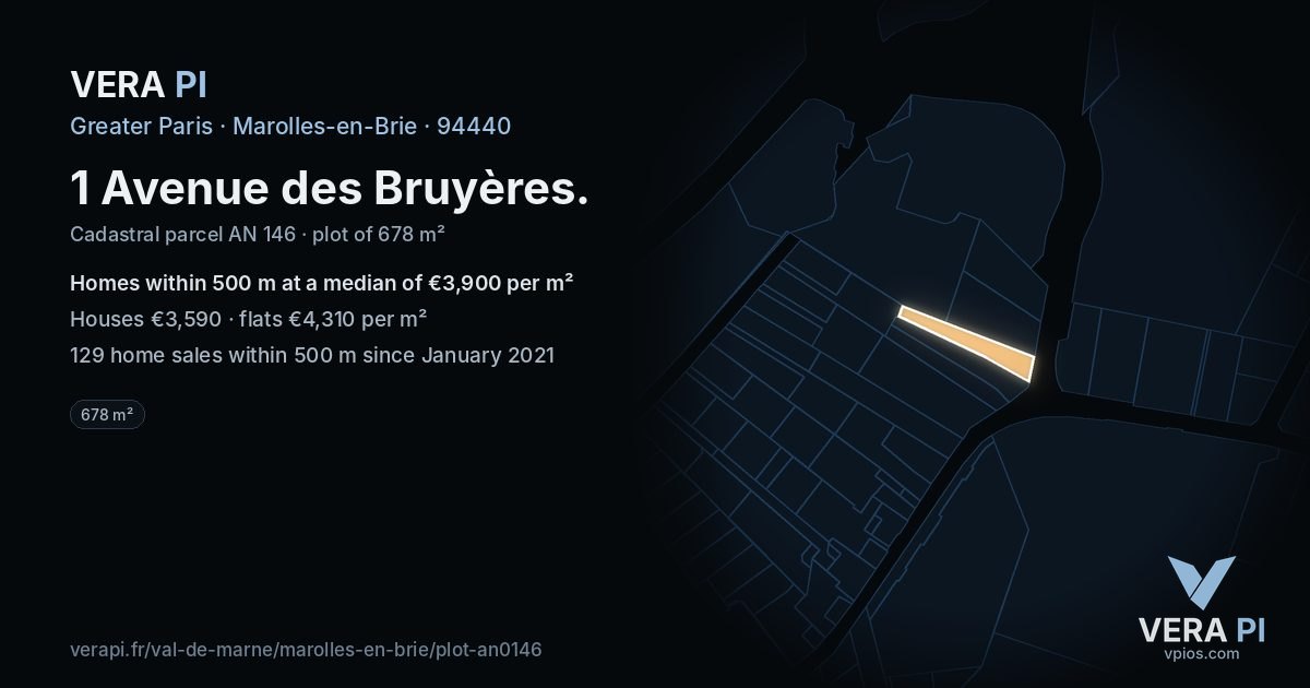 1 Avenue des Bruyères, Marolles-en-Brie at night – the plot lit, the parcels around coloured by the prices near them