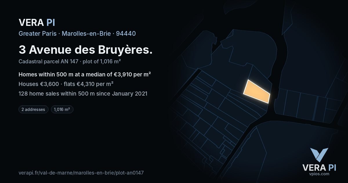 3 Avenue des Bruyères, Marolles-en-Brie at night – the plot lit, the parcels around coloured by the prices near them