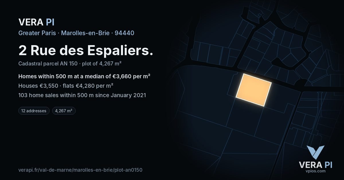 2 Rue des Espaliers, Marolles-en-Brie at night – the plot lit, the parcels around coloured by the prices near them