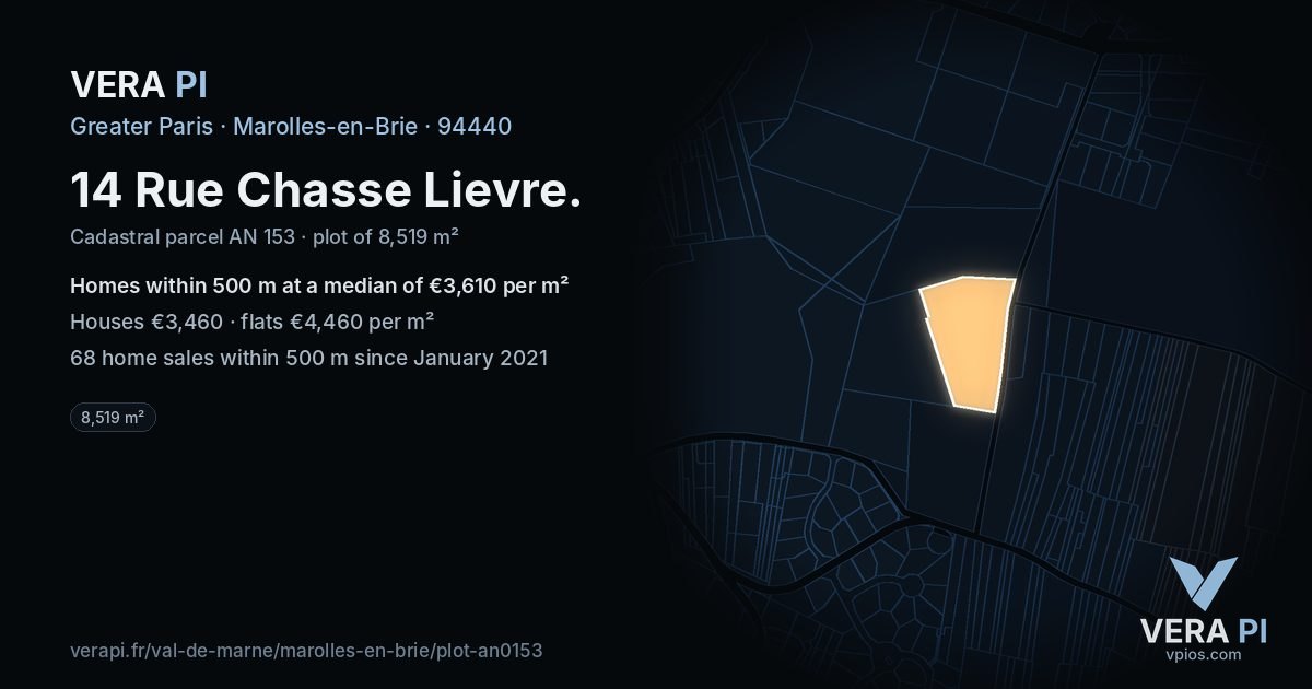 14 Rue Chasse Lievre, Marolles-en-Brie at night – the plot lit, the parcels around coloured by the prices near them