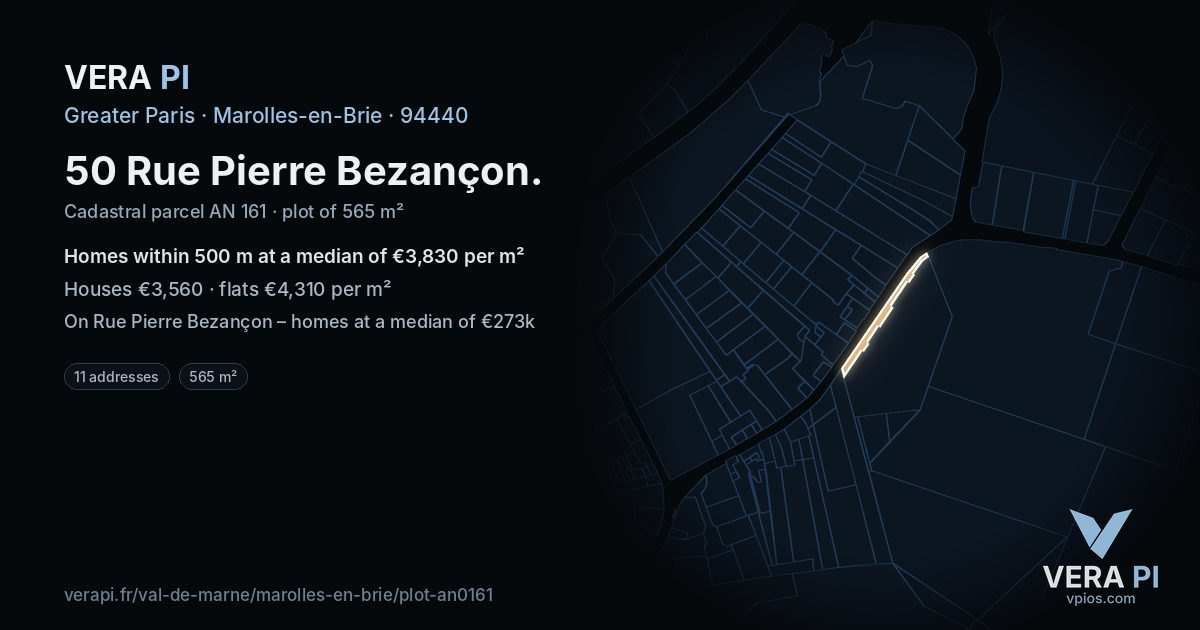 50 Rue Pierre Bezançon, Marolles-en-Brie at night – the plot lit, the parcels around coloured by the prices near them