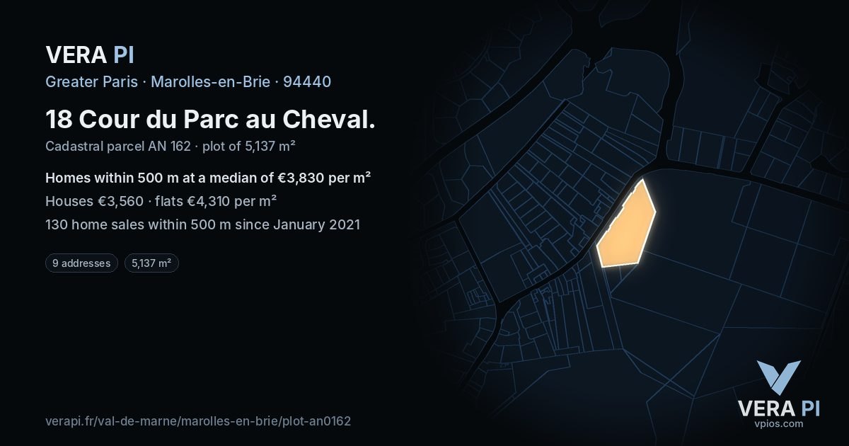 18 Cour du Parc au Cheval, Marolles-en-Brie at night – the plot lit, the parcels around coloured by the prices near them