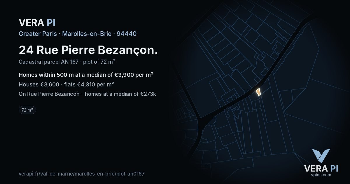 24 Rue Pierre Bezançon, Marolles-en-Brie at night – the plot lit, the parcels around coloured by the prices near them