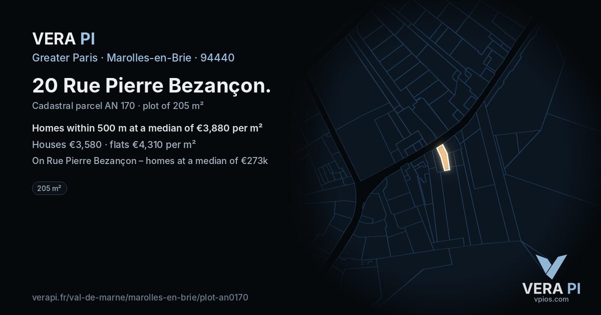20 Rue Pierre Bezançon, Marolles-en-Brie at night – the plot lit, the parcels around coloured by the prices near them