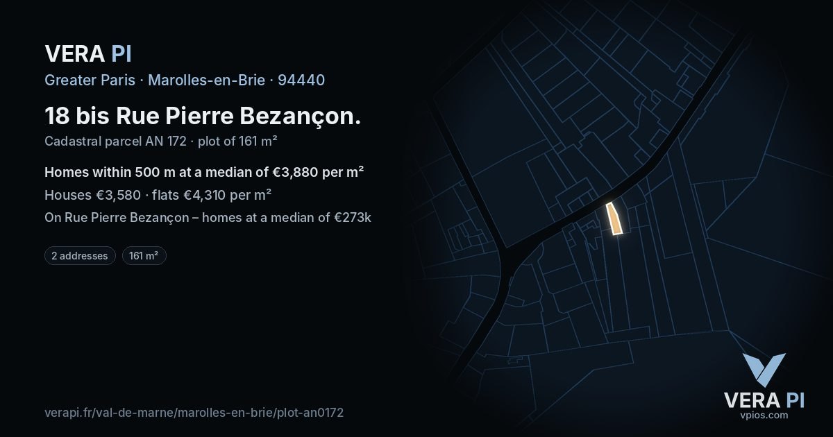 18 bis Rue Pierre Bezançon, Marolles-en-Brie at night – the plot lit, the parcels around coloured by the prices near them
